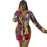 Women Dress Suit Collar Printed Long Sleeve Dress