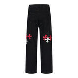 Men Jeans Cross Leather Embroidered Hip Hop