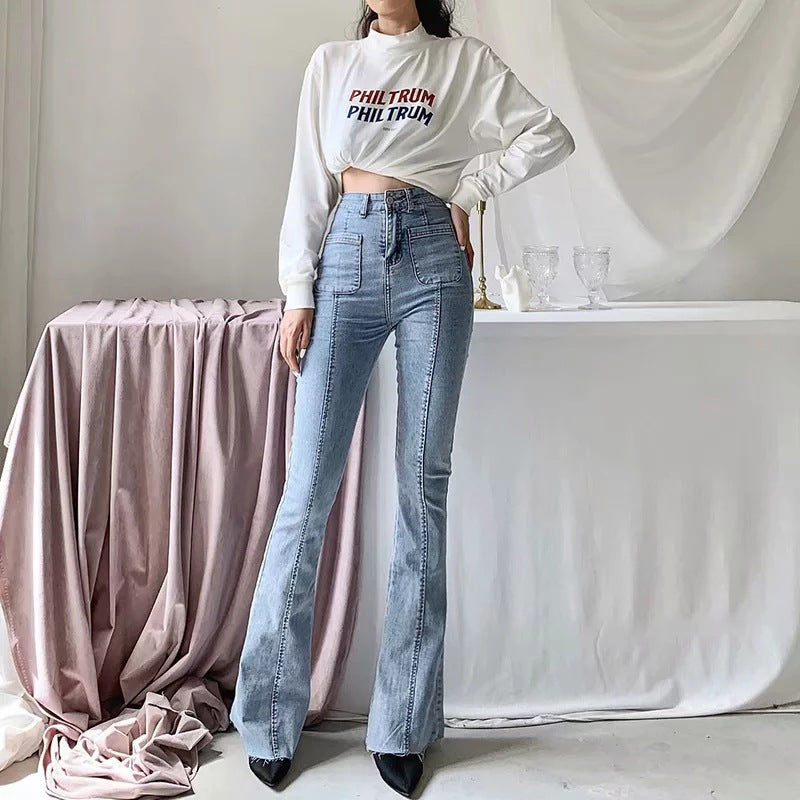 Women Jeans Autumn Stitching Bell-Bottom Pants