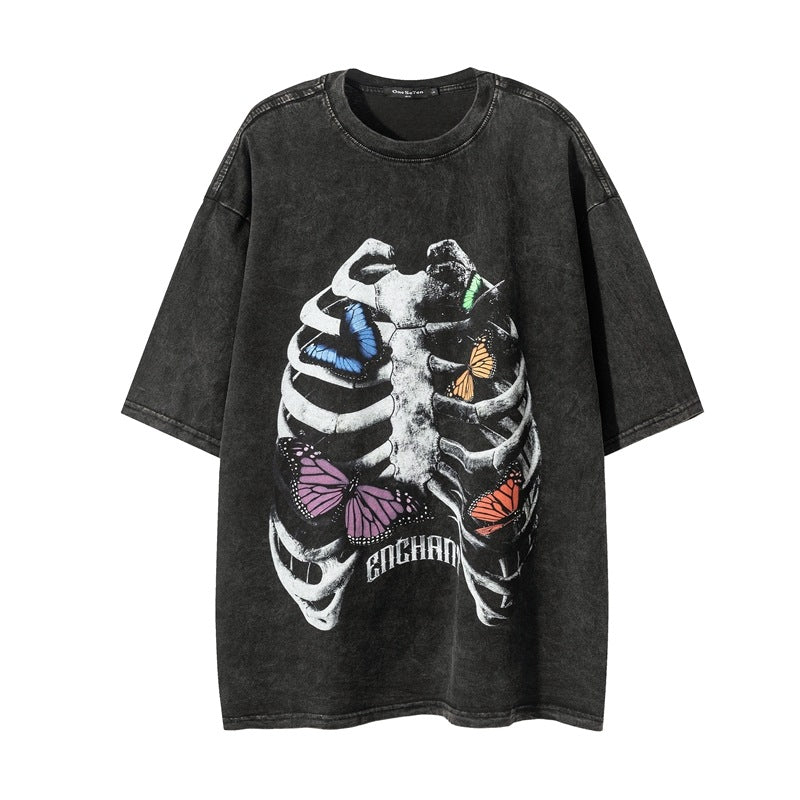 Men T-Shirt Vintage Butterfly Skull Printed Short Sleeve T-shirt