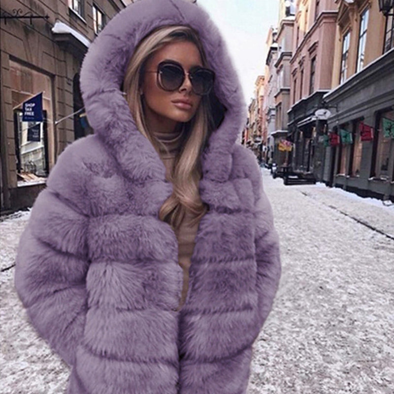 Women Fur Jacket Fashion Push Warm Long-Cut Coat