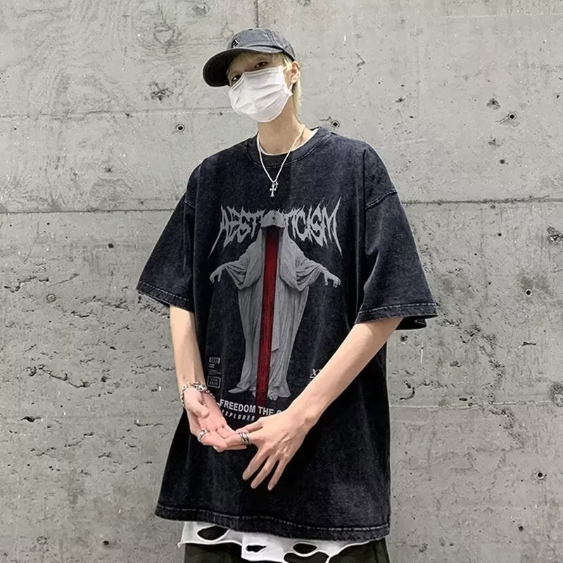 Men T Shirt Distressed Summer Loose plus Size Heavy Weight