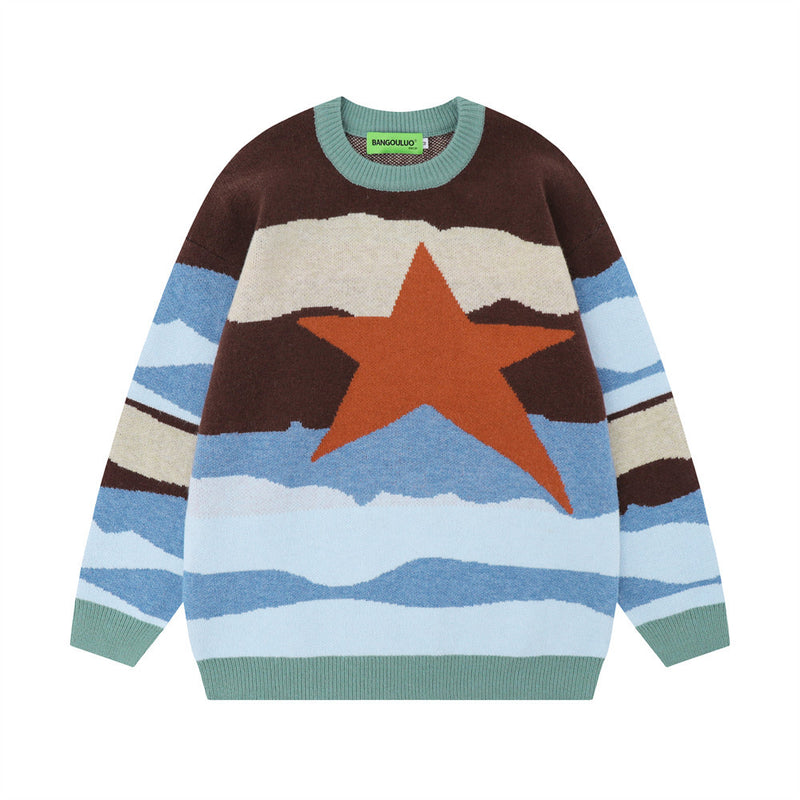 Men Sweater Stitching Five-Pointed Star Loose Sweater