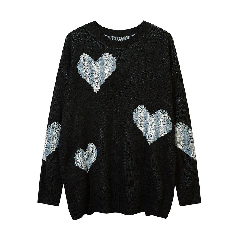 Men Sweater Love Jacquard Hook Ripped Knitted Sweater