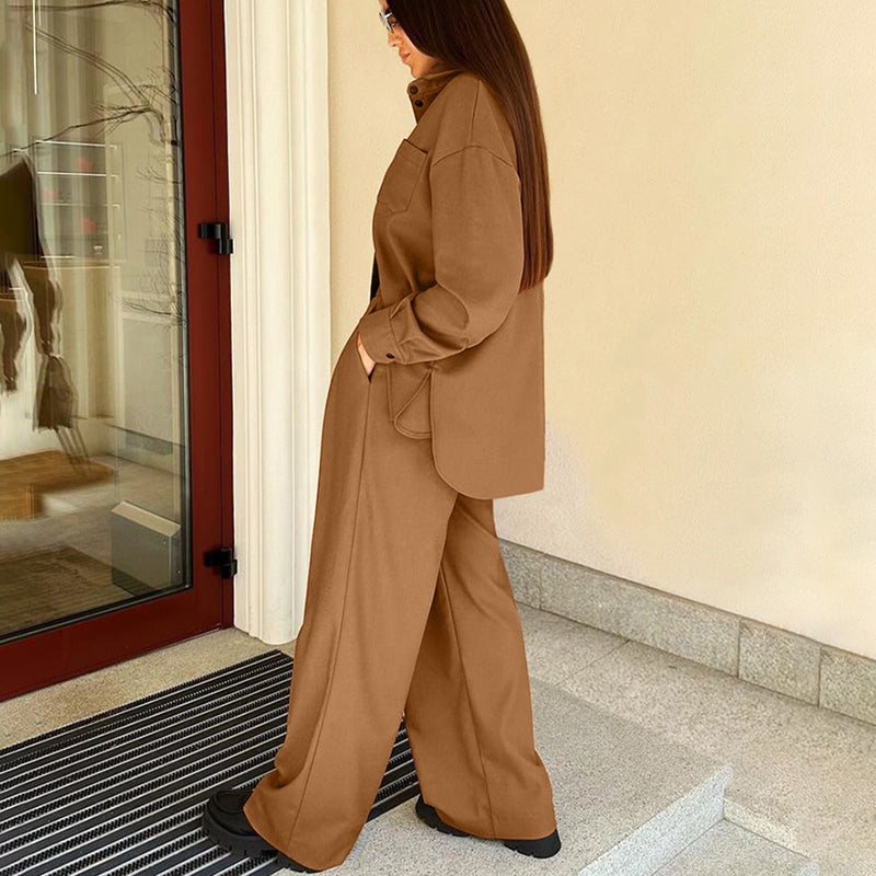Women Co-Ords Brown Long Sleeve Shirt High Waist Loose Winter