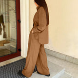Women Co-Ords Brown Long Sleeve Shirt High Waist Loose Winter