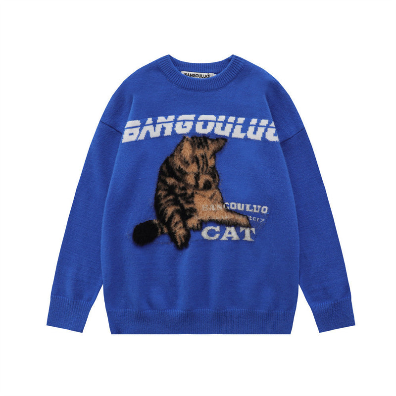 Men Sweater Plush Embroidery Cat Pattern Crew Neck Sweater