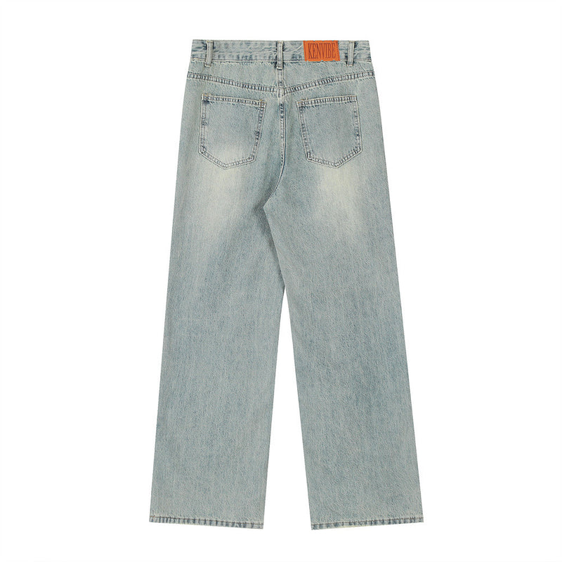 Men Jeans Raw Hem Ripped Stitching Loose
