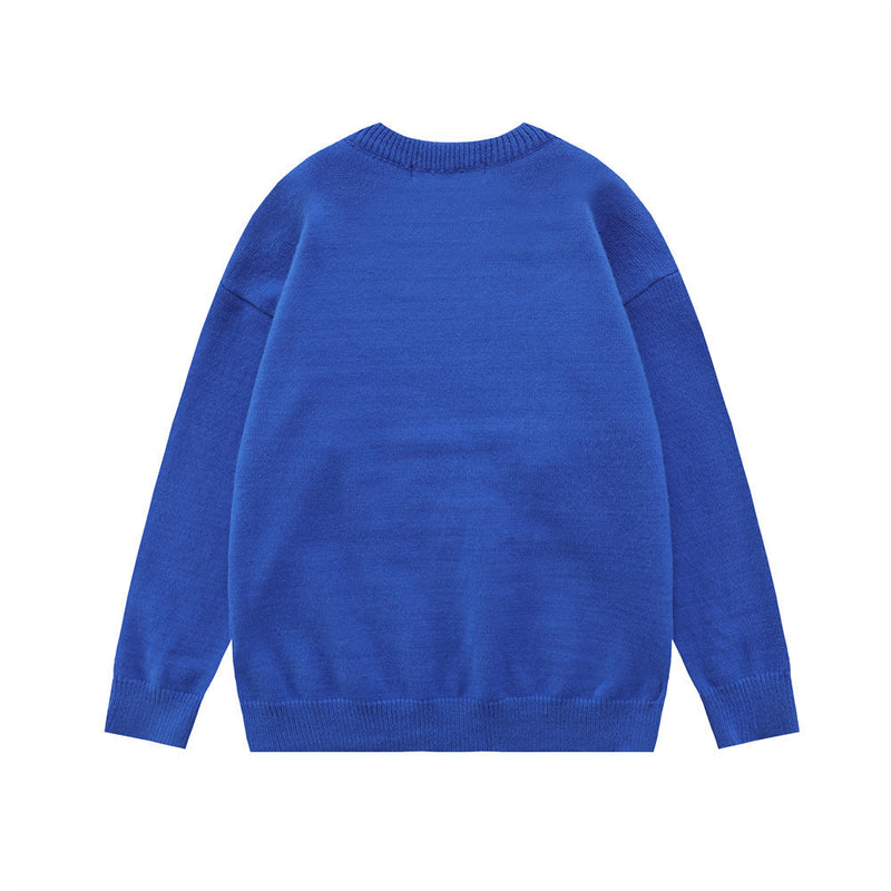 Men Sweater Plush Embroidery Cat Pattern Crew Neck Sweater