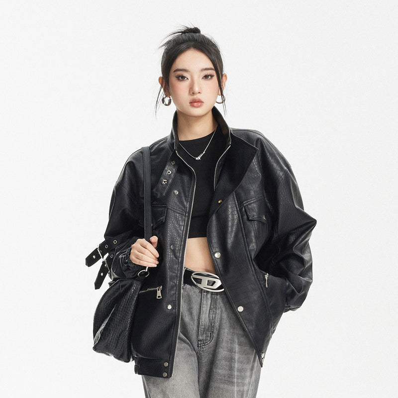 Unisex Pu Jacket PU Leather Coat Loose Motorcycle Clothing
