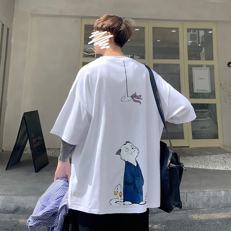 Men T Shirt Short Loose Student Cartoon Print