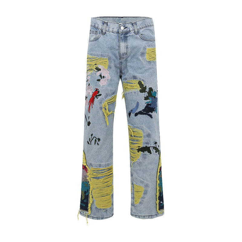 Men Jeans Hole Embroidery Punk