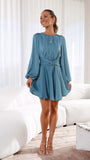 Women Dress Solid Color Lantern Sleeve Bandage Pleated Dress