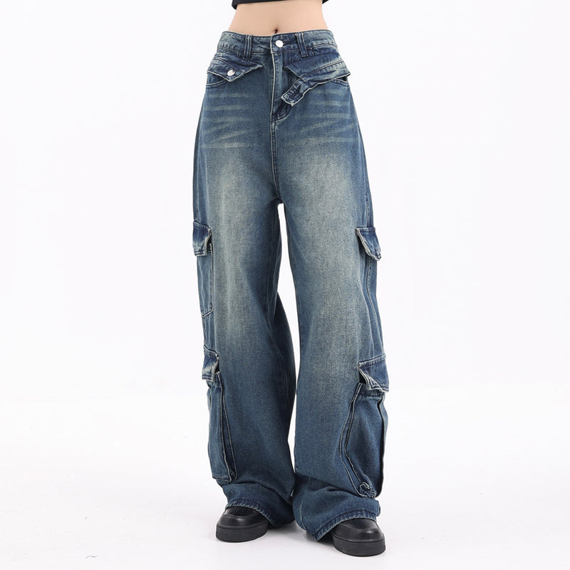 Men Jeans Vintage Work Loose Multi-Pocket Jeans