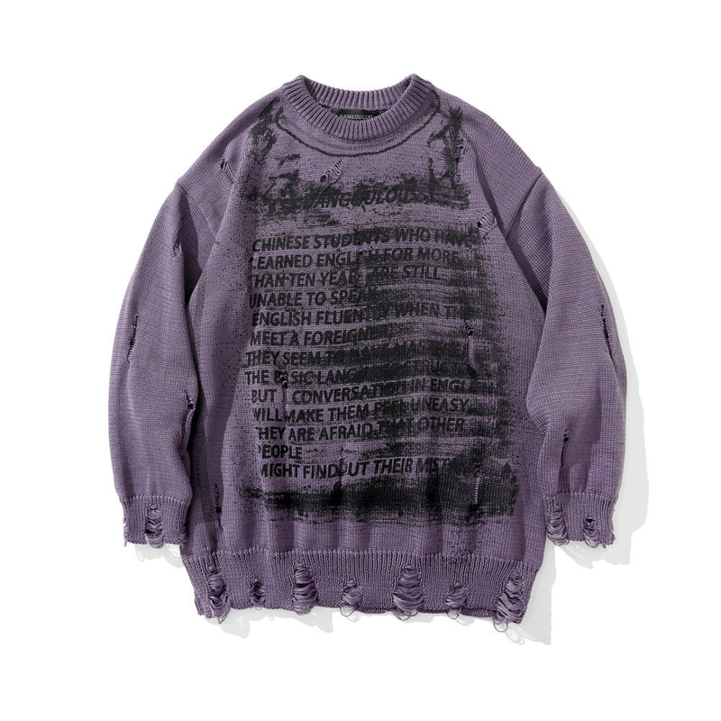 Men Sweater Dark Print Ripped Sweater Loose