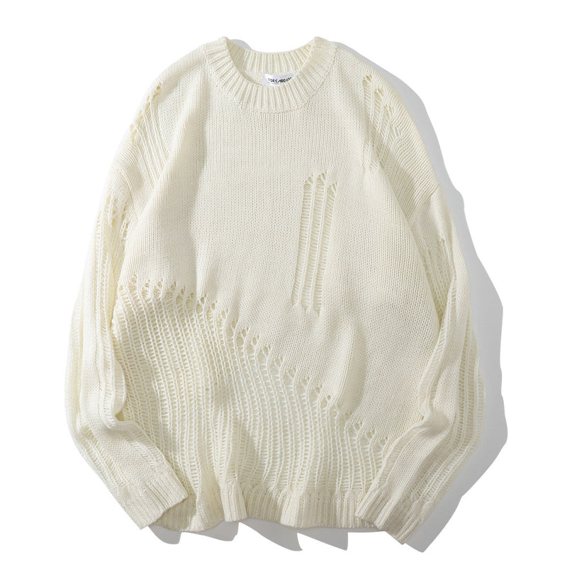 Men Sweater Solid Color Crocheted round Neck Knitted Sweater