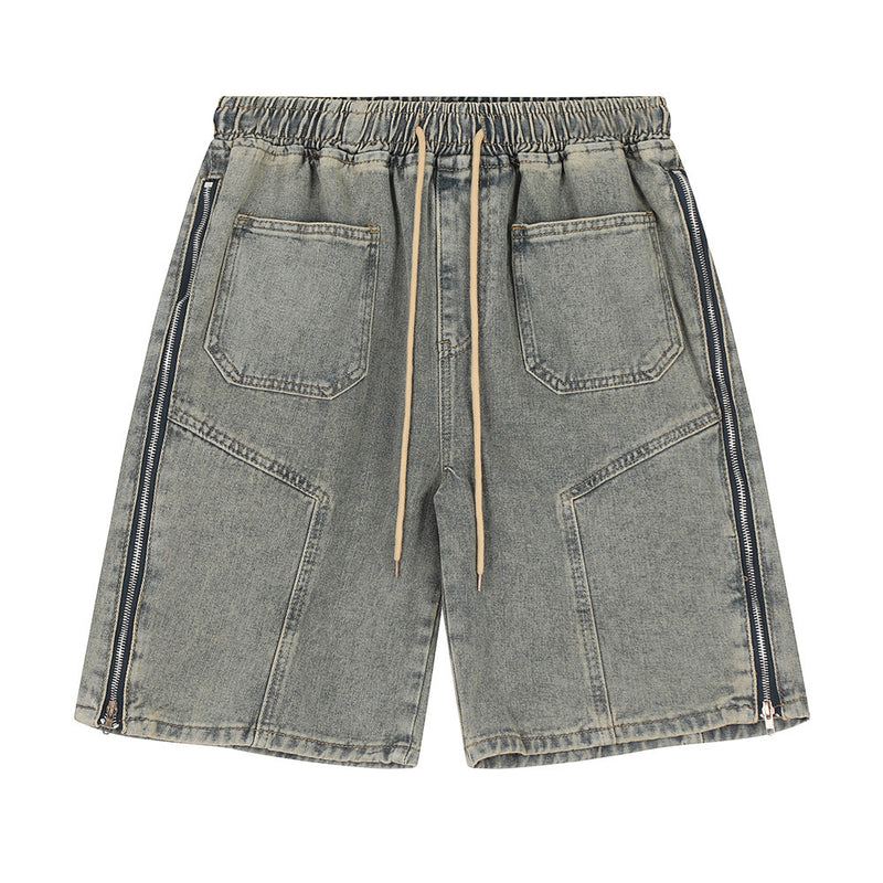 Men Shorts Side Zipper Stitching Denim Shorts Distressed