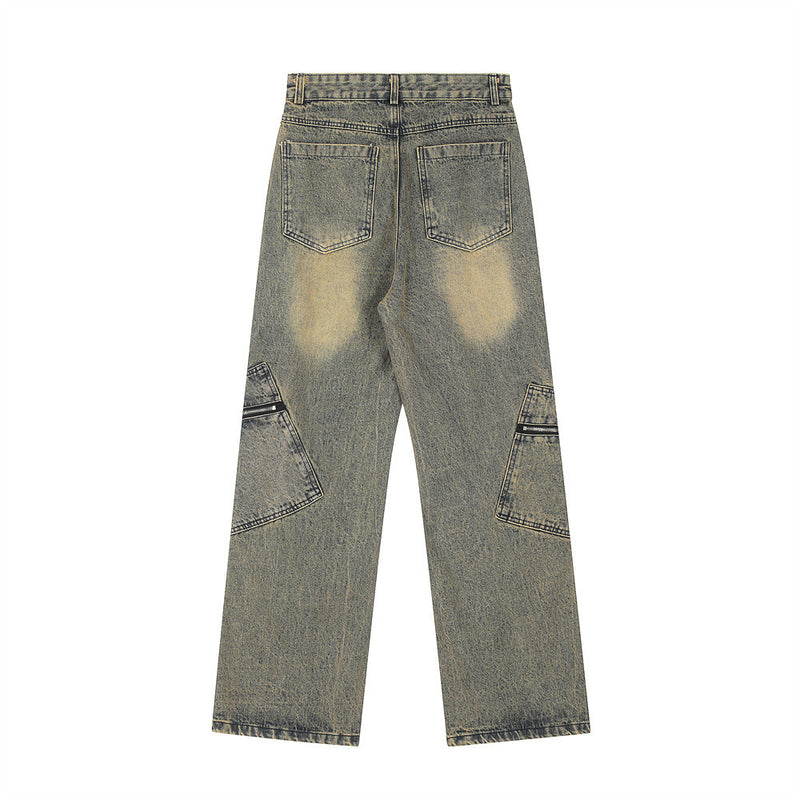 Men Jeans Zipper Multi-Pocket Jeans Spray Painting Fade