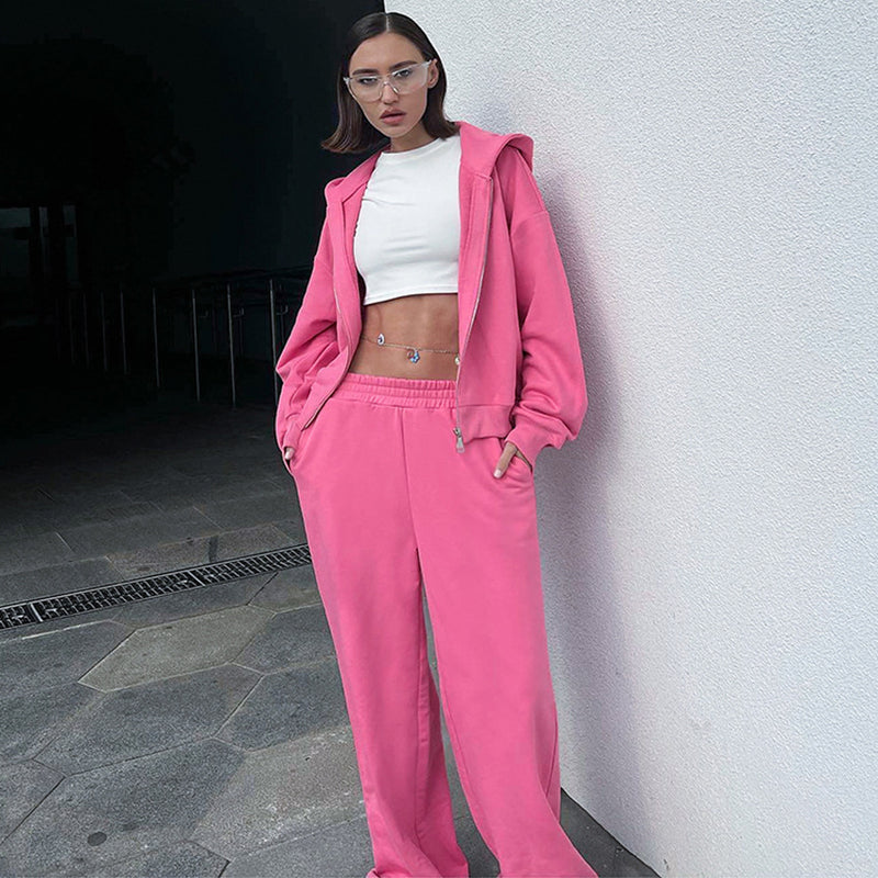 Women Co-Ords Hooded Fleece-lined Pink Sweatshirt Pants Casual