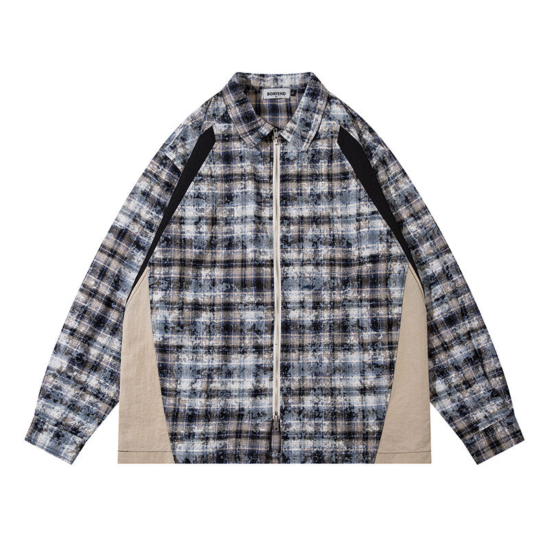 Long Sleeve Shirt Stitching Dyed Plaid Coat