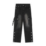 Men Jeans Denim Overalls Multi-Pocket Breasted Slit