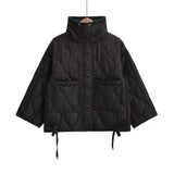 Women Cotton Coat Loose Lapel Diamond Plaid Jacket