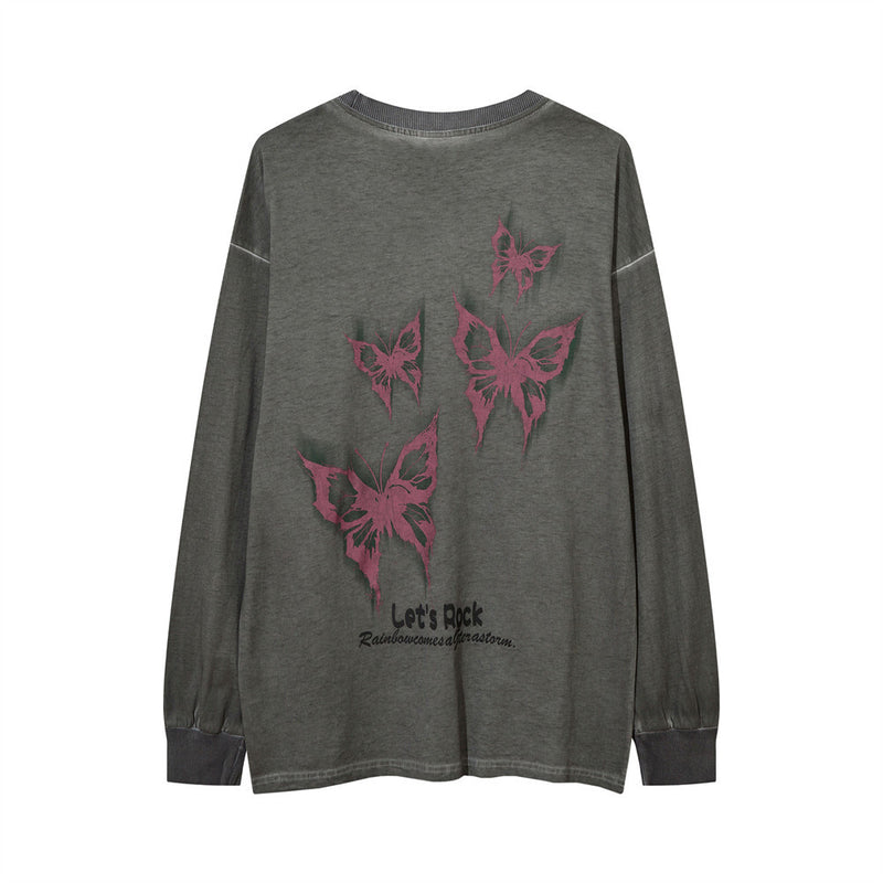 Men Long Sleeve T-Shirt Butterfly Print Distressed