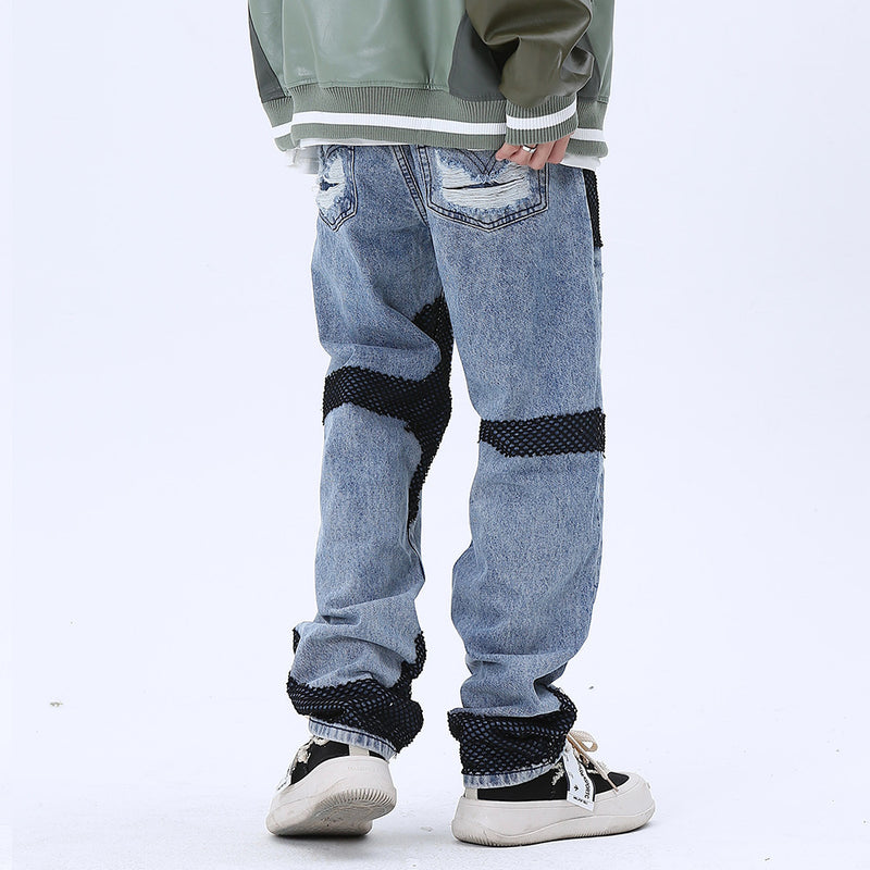 Men Jeans Stitching Ripped Leisure Wide Leg
