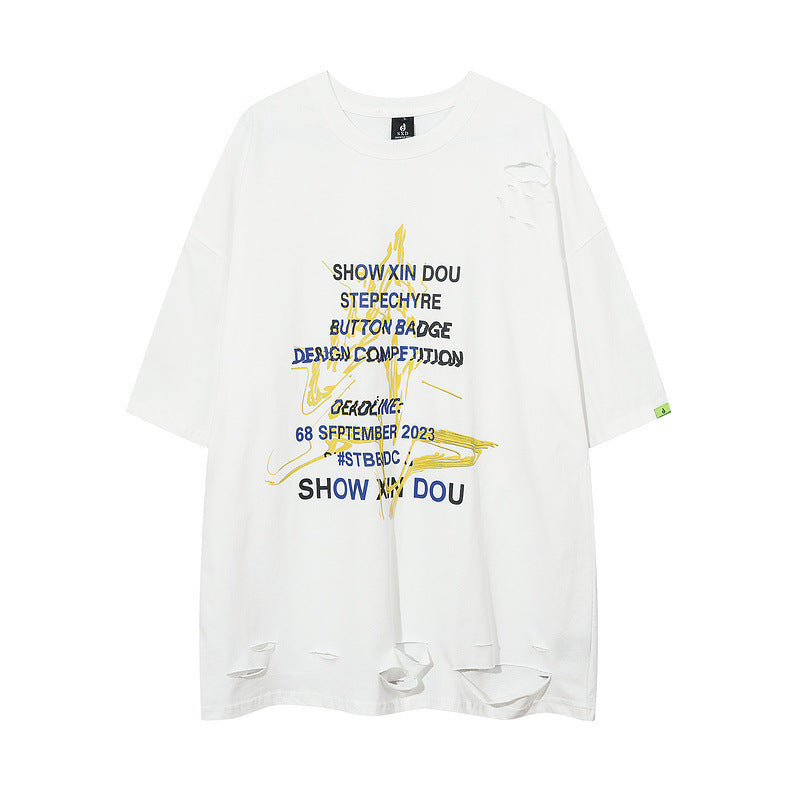 Men T-shirt Graffiti Printing Knife Ripped Loose Casual