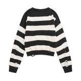 Women Sweater Color Stripe Hole Star Spider Embroidery