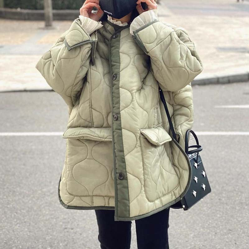 Women Cotton Coat Fashion Diamond Lattice Loose