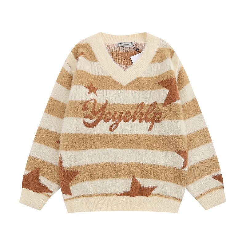 Women Sweater Retro V-neck Striped Knitwear Detachable Sleeves
