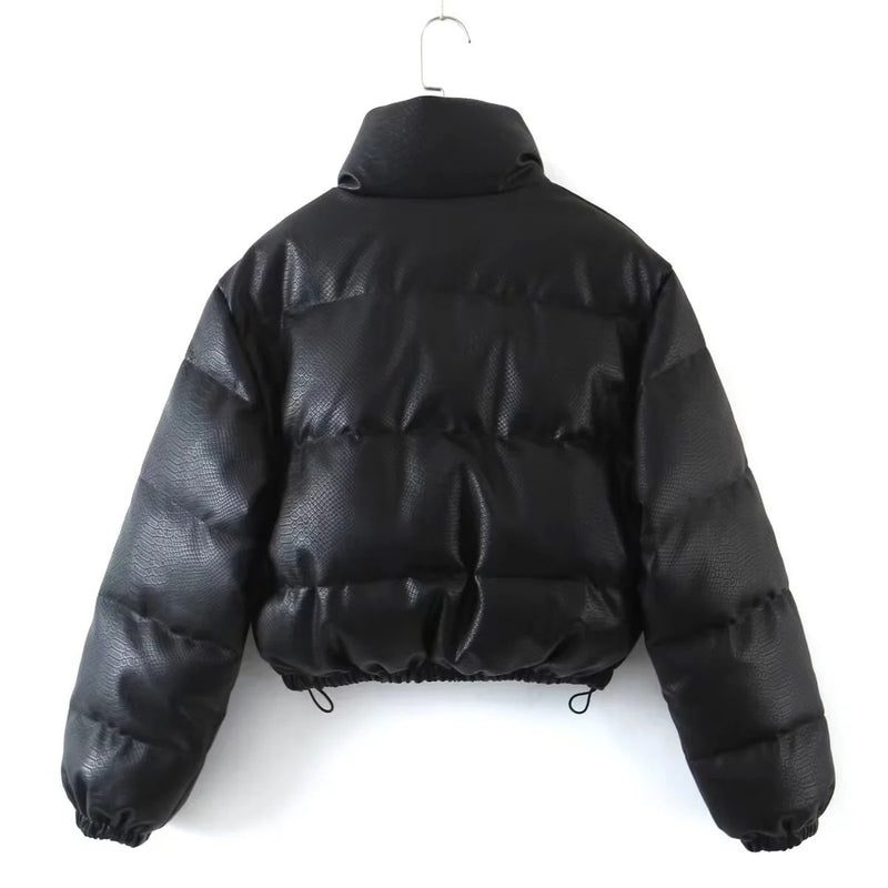 Women Cotton Coat Imitation Leather Jacket Stand-up Collar Thick Slim Fit