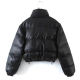 Women Cotton Coat Imitation Leather Jacket Stand-up Collar Thick Slim Fit