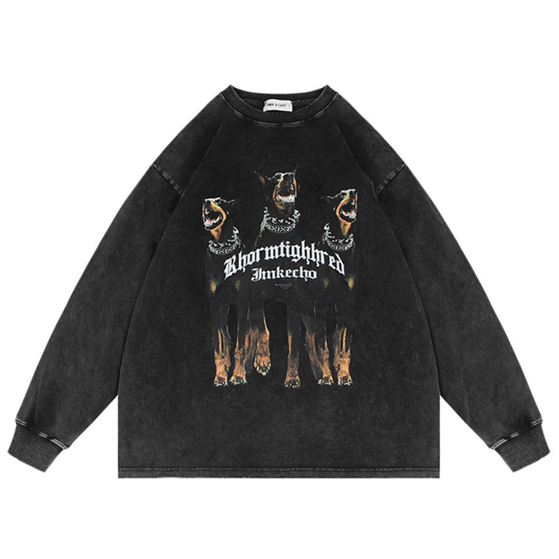 Men Long Sleeve T-shirt Doberman Pinscher Printed Washed Old Loose