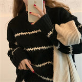 Women Pullover Sweater Vintage Stripe Loose Knit Shirt