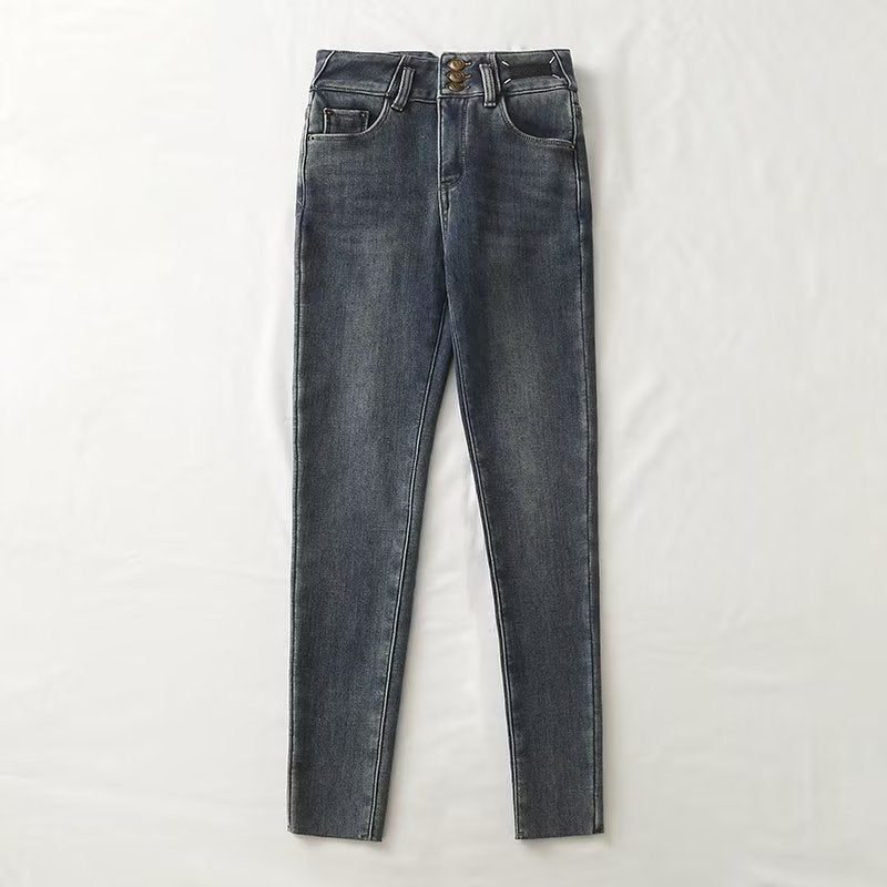 Women Jeans Fleece-lined Thick Thermal Slim Fit Raw Edges