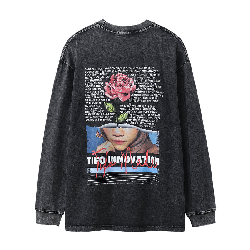 Men Long Sleeve T-Shirt Rose Portrait Printing Trend