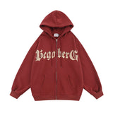 Men Fleece Lined Hoodie Letter Print Hooded Cardigan Sweater Male Loose Zipped Sports Coat