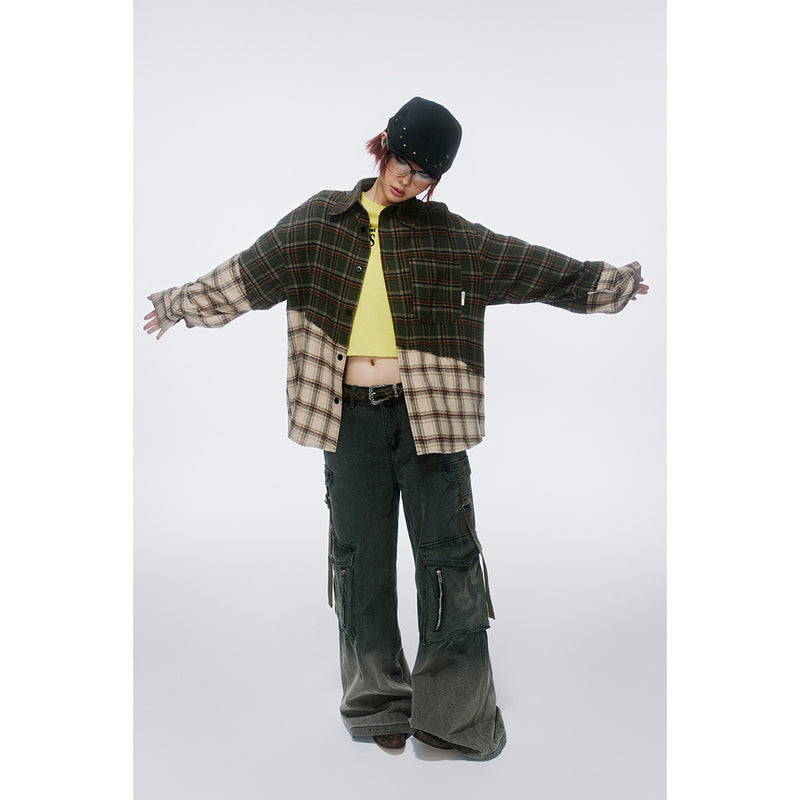 Unisex Shirt Irregular Stitching Loose Plaid