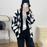 Women Knitted Diamond Pattern Knitted Loose Sweater