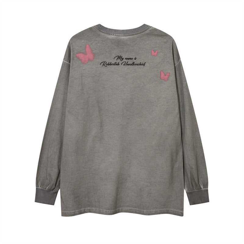 Men Long Sleeve T-Shirt Butterfly Print Distressed and Dirty