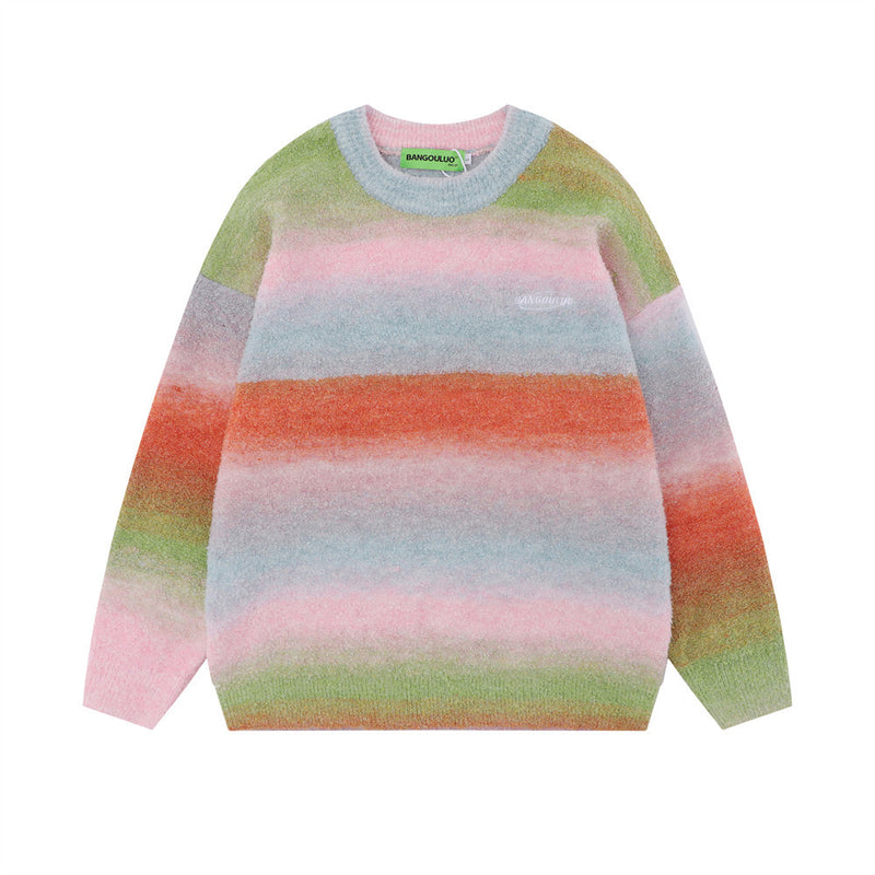 Men Sweater Gradient Brocade Sweater Thick round Neck Knitwear