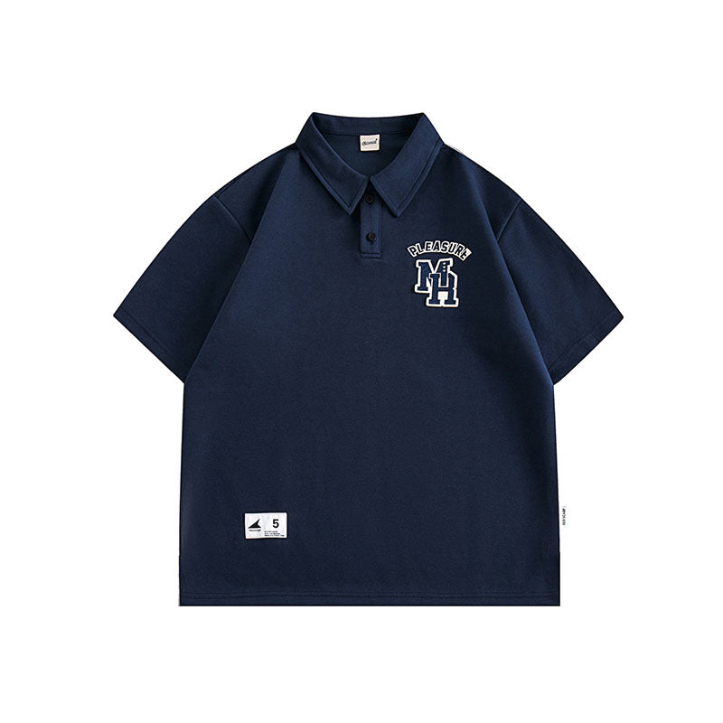 Men T-Shirt College Style Patch Polo Shirt Loose