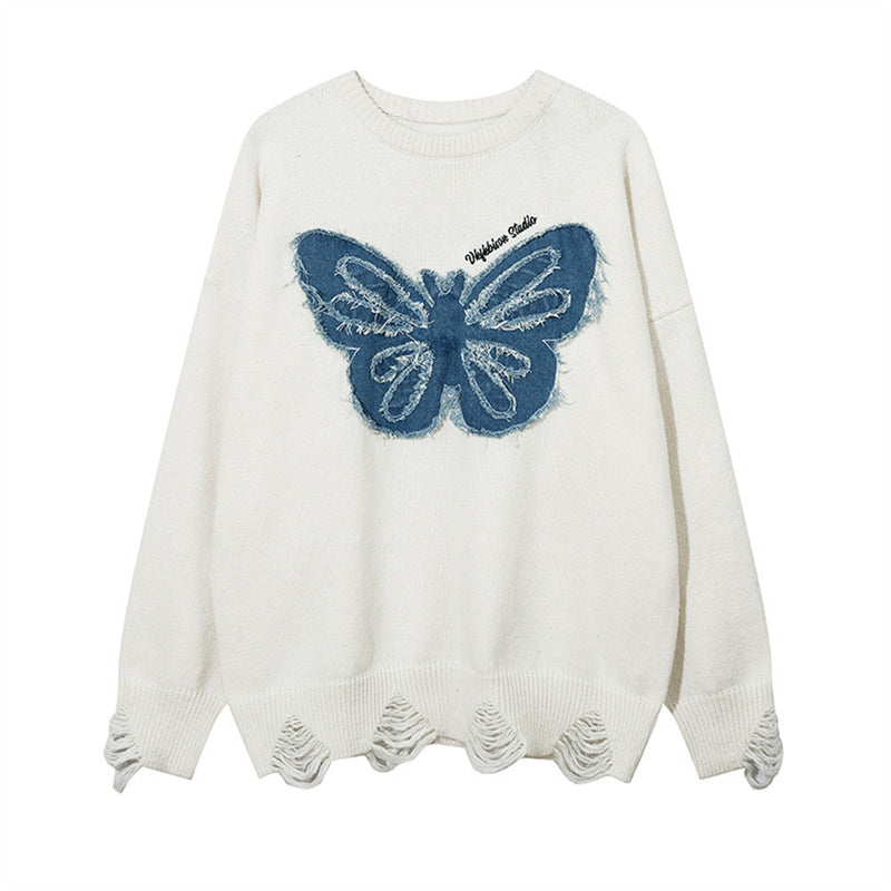 Men Sweater Butterfly Patch Sweater Loose Hole