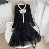 Women Dresses Stitching Gauze Knitting Dress Bow