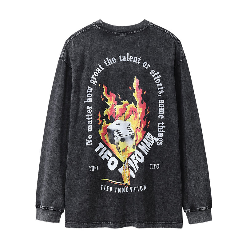 Men Long Sleeve T-Shirt Flame Dice Printing Loose Casual Distressed
