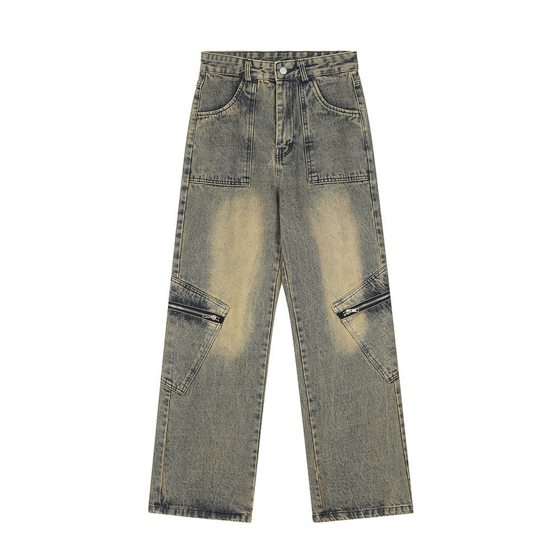 Men Jeans Zipper Multi-Pocket Jeans Spray Painting Fade