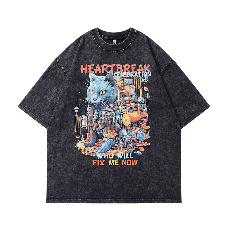 Men T-Shirt Cartoon Print Heavy Distressed Retro