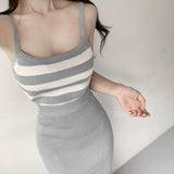 Women Vest Suspenders Knit Two-Piece Suit Striped Vest Skirt